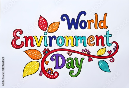 World Environment Day colorful typography poster, vibrant hand-drawn lettering with floral elements and leaves, eco-friendly celebration banner, creative nature conservation concept art isolated