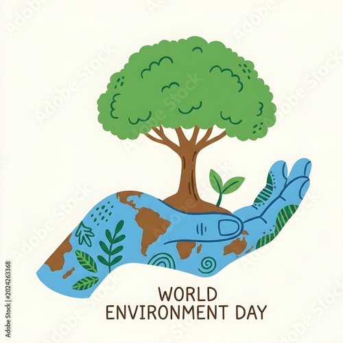 World Environment Day conceptual illustration, hand shaped like planet earth holding a green tree, eco friendly conservation and sustainability concept