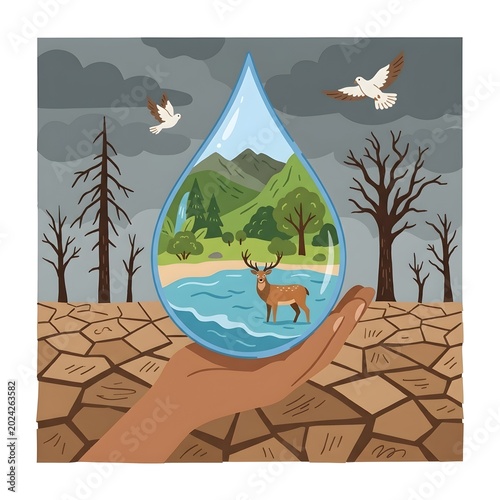 Environmental conservation concept with hand holding water drop, lush nature ecosystem inside droplet against cracked dry earth background, climate change and global warming awareness isolated