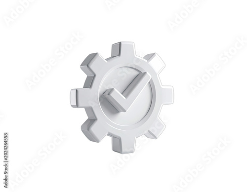A 3D render of a white cogwheel with a checkmark inside on a black background.