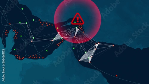 Digital marine traffic map highlighting a red warning sign over the Strait of Hormuz. Concept of global energy crisis, oil export ban, and maritime supply chain disruption due to geopolitical conflict
