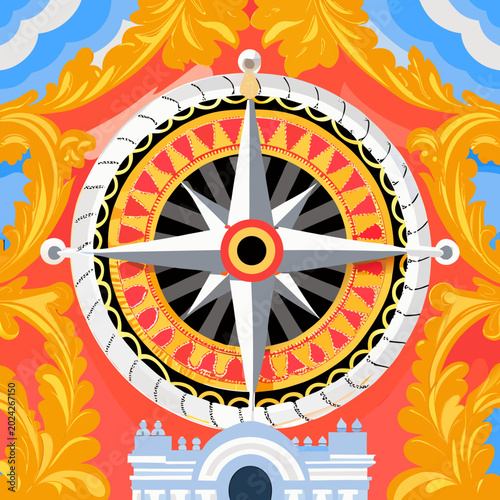 Ornate royal compass, compass rose made of intricate folkloric leaves, gold and emerald color scheme, clean vector style.