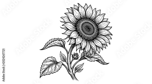 Foto Detailed hand-drawn sunflower with leaves, natural botanical illustration, isolated white background
