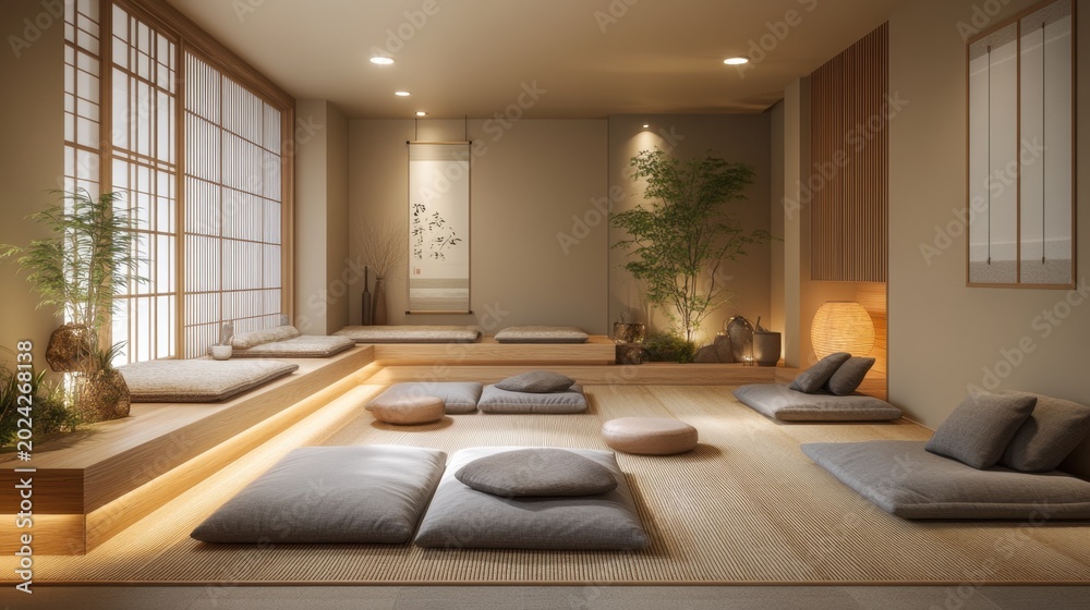 Fototapeta premium Zen room with tatami mats and floor cushions