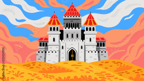 Folkloric castle on a rolling hill, stylized vector clouds, golden hour palette, intricate royal architecture motifs, clean lines.