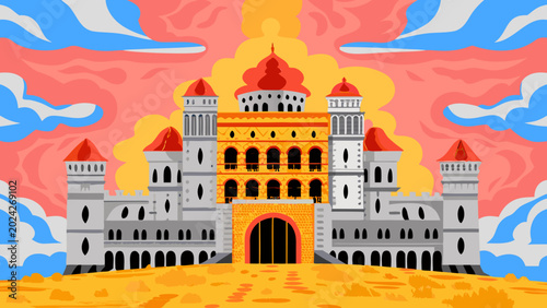 Folkloric castle on a rolling hill, stylized vector clouds, golden hour palette, intricate royal architecture motifs, clean lines. 1