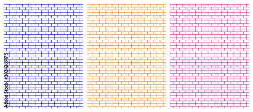 Colorful brick wall patterns in blue, orange, and pink hues side by side