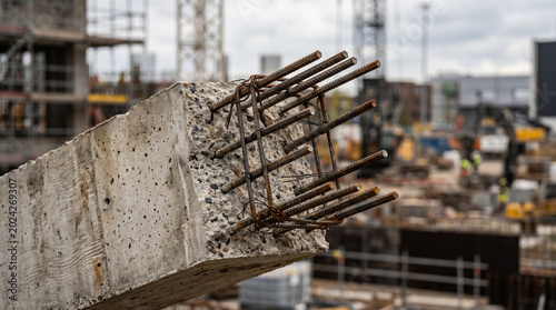 Close-up of unfinished reinforced concrete beam with exposed steel rebar at construction site