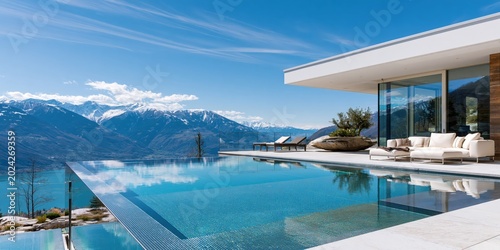 Luxurious villa with infinity swimming pool overlooking high snowy mountains and a blue lake on a sunny day