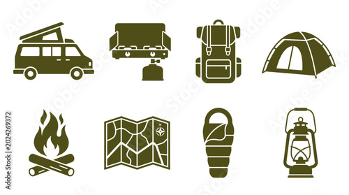 Camping icons and travel symbols.