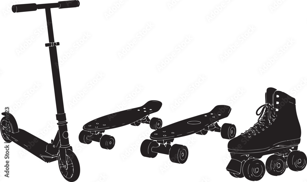 Naklejka premium Black silhouette of a kick scooter, two skateboards, and a pair of roller skates on a white background, also transparent background