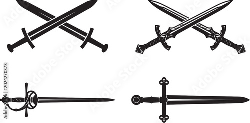 Schilderij op canvas Collection of four black silhouette sword on a white background, including cross