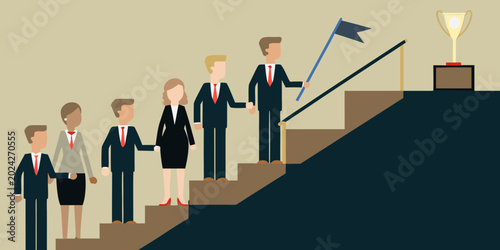 Quadro em tela vector illustration of business people climbing stairs to a trophy