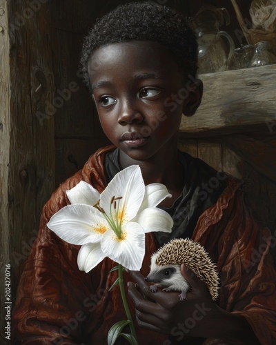 Thoughtful Young Boy Holding White Lily and Hedgehog in a Rustic Setting