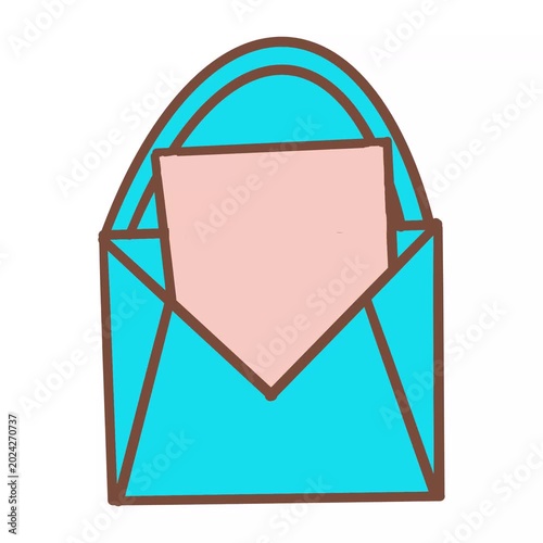 A cute 2D loop animation of a hand-drawn open cyan Father's Day envelope with a pink card sliding out, isolated on a white background.