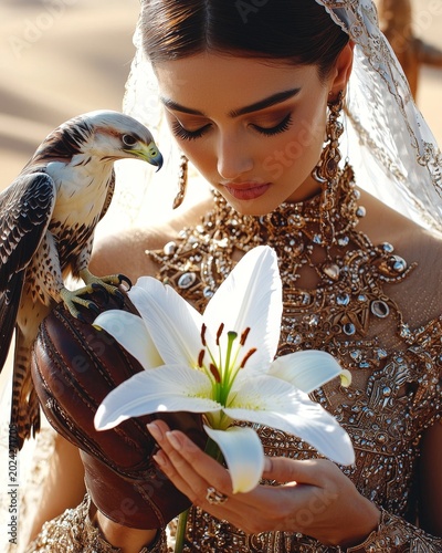 Regal Middle Eastern Woman Holding White Lily with Falcon in Elegant Attire
