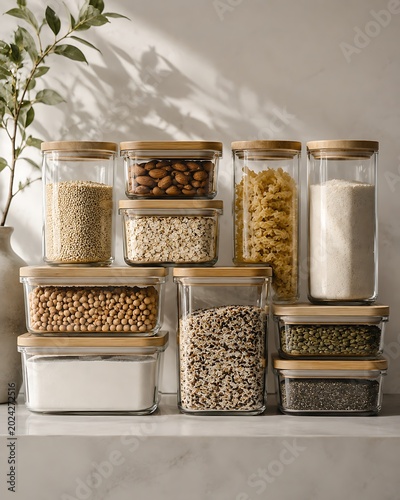Collection of clear glass food storage containers with bamboo lids filled with various dry goods on a kitchen counter.