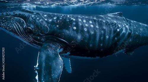 beautiful humpback whale in the ocean, majestic humpback whale underwater scene, graceful humpback whale in deep blue sea