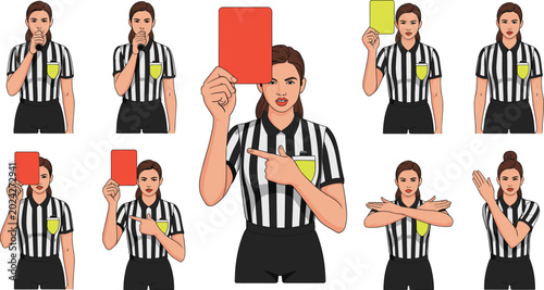 Canvastavla Soccer Referee Vector Icon Set Featuring Female Referee Showing Red and Yellow C