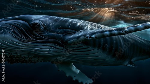 beautiful humpback whale in the ocean, majestic humpback whale underwater scene, graceful humpback whale in deep blue sea