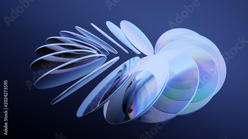 Schilderij op canvas Abstract spiral of precise iridescent discs against a dark blue background