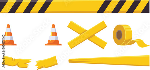 Quadro em tela Construction Warning Tape and Traffic Cone Vector Set Featuring Safety Barriers