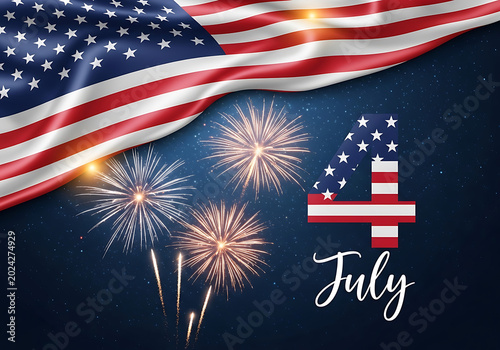 4th of July Fireworks Display with American Flag Background
