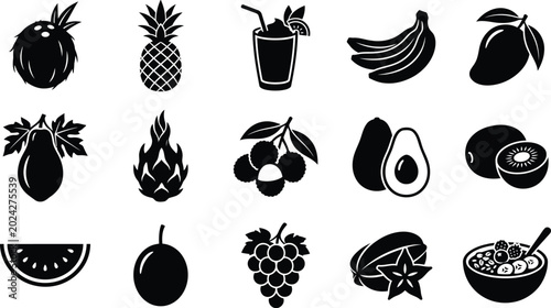 Quadro su tela Black and white fruit including tropical fruits and fruit salad pineapple banana