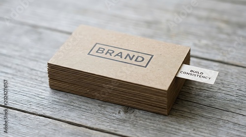 Kraft business cards with a brand logo and consistency message rest on a rustic wooden desk. Macro shot features sharp focus and bokeh. Ideal for professional branding marketing.
