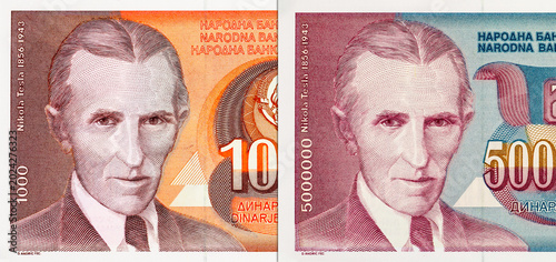 Photos 1000 Dinara Yugoslavia banknote 1990 with portrait of Nikola Tesla
