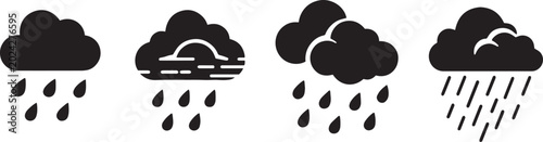 Cuadro en lienzo Weather icon set with rain clouds and storm symbols, black silhouette rainy day
