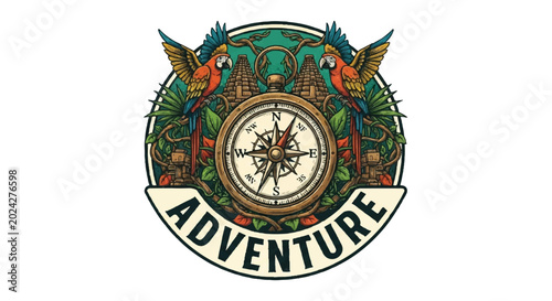 Foto Vintage adventure emblem with parrots and compass.