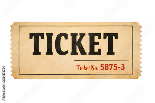 Retro admission ticket isolated on white background. Entry, access pass, event participation and vintage paper ticket design