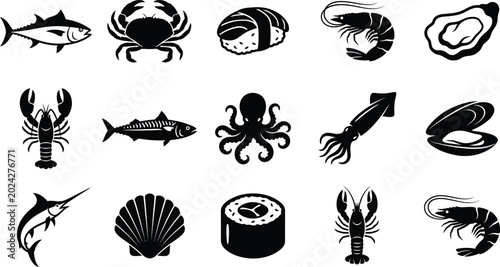 Canvas-taulu Black seafood including fish, crustaceans, and mollusks, in silhouette style cra