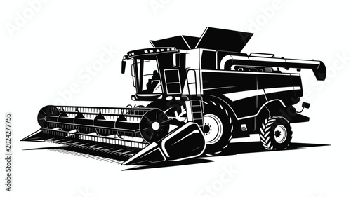 Detailed black and white combine harvester farming machine illustration presented as a clean graphic on white background