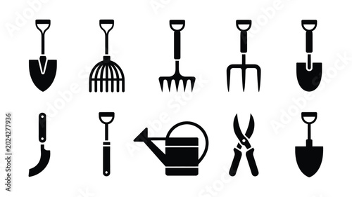 Set of black gardening tools and equipment icons for planting and maintenance on white background