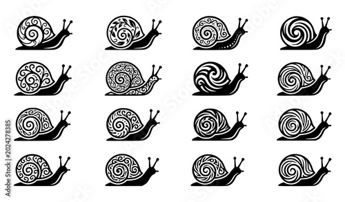 Foto Black and white snail silhouette collection vector spiral shell icons