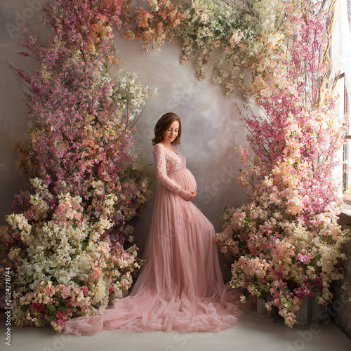 Pregnant mother is wearing pink log frock., Maternity backdrop, wedding backdrop, photography background with delicate flowers  