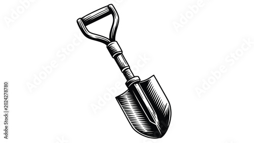 Detailed hand drawn metal shovel illustration for gardening equipment design projects presented on white background