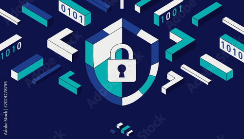 isometric 3D cybersecurity concept, large geometric shield with padlock icon