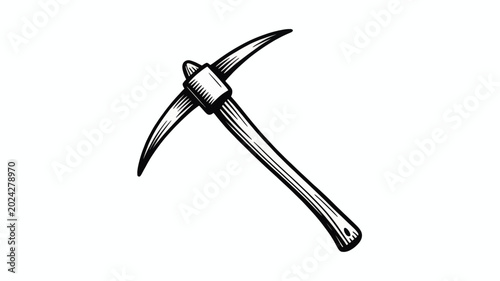 Detailed black and white ink style illustration of a sharp mining pickaxe on white background