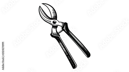 Detailed black and white engraving style illustration of garden pruning shears shown on white background