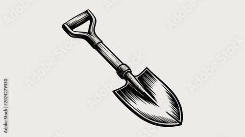 Detailed vintage monochrome illustration of a garden shovel tool depicted as a clean vector on white background