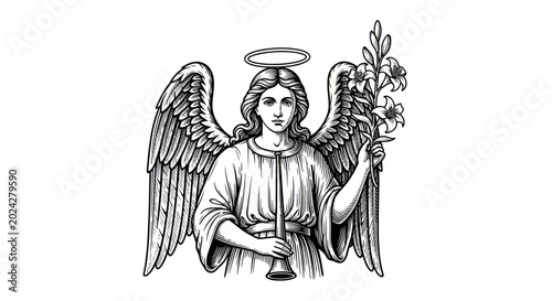 Canvas Print Elegant Angel with Trumpet and Lilies, Divine Messenger, Celestial Being, Vintag