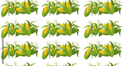 Bild auf Leinwand Seamless Pattern of Ripe Corn Stalks with Yellow Kernels and Green Leaves