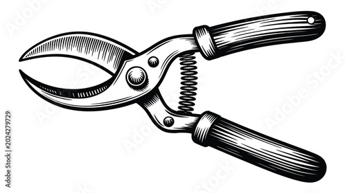 Detailed black and white vector illustration of professional garden shears shown on white background