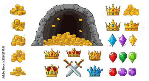 Εκτύπωση καμβά Treasure Trove: Cave, Gold Coins, Crowns, Swords, and Gems - Pixel Art