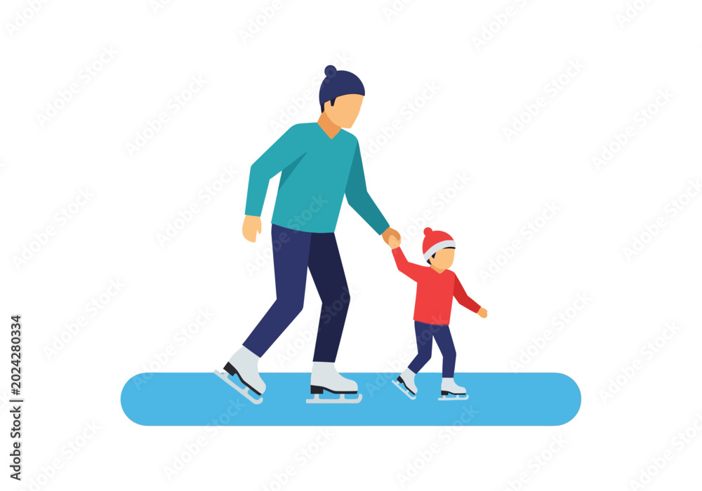 Fototapeta premium Parent and Child Ice Skating on Frozen Pond