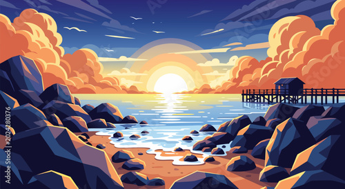 Tableau sur toile Serene Vector Illustration of a Coastal Sunset with Rocky Shoreline and Pier - A