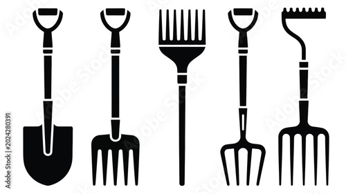 Various gardening tool silhouettes including shovel and pitchfork for landscaping and farm work on white background